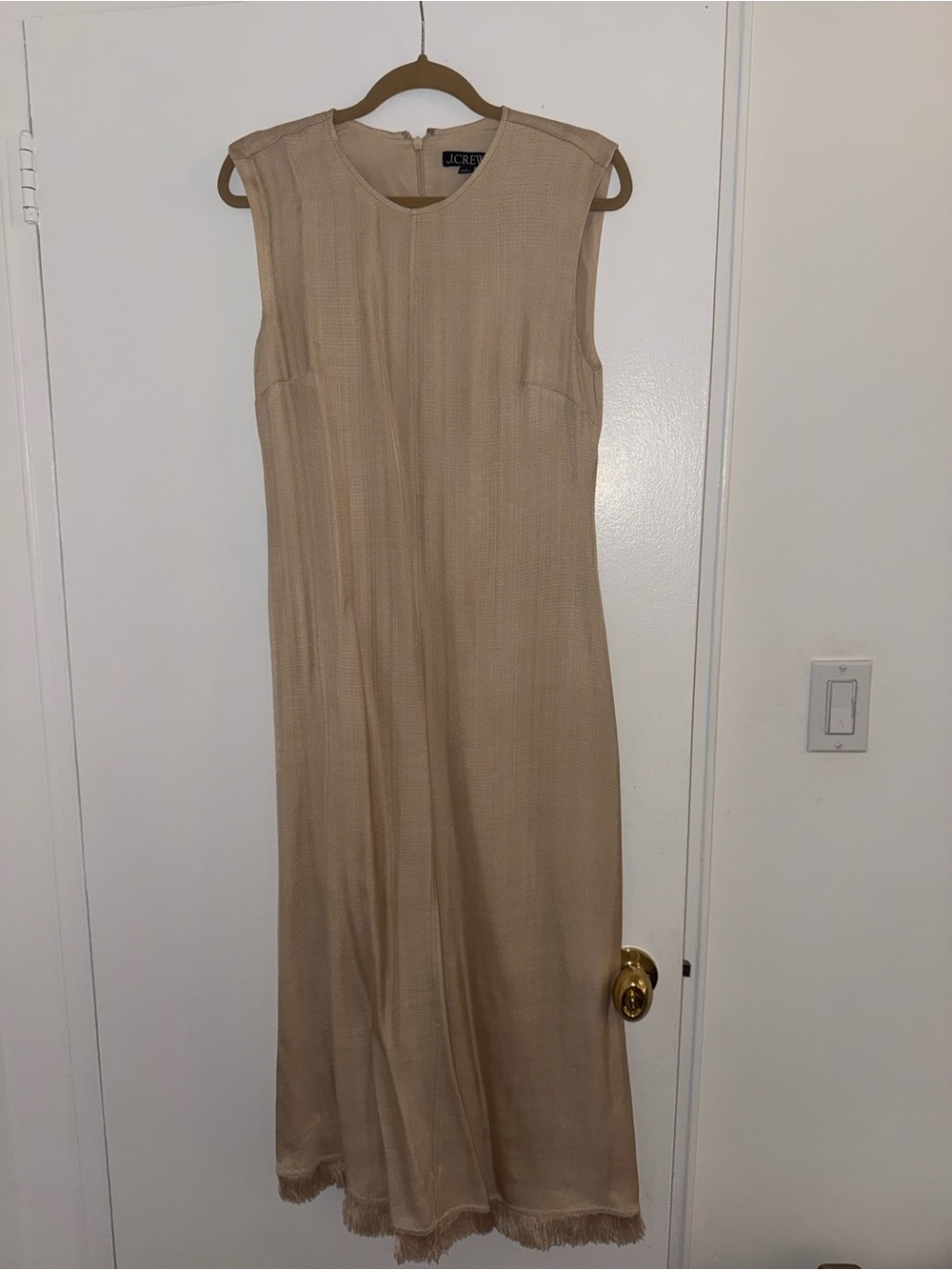 J. Crew Sleeveless Sandstone Beige Midi Dress with Fringe Hem